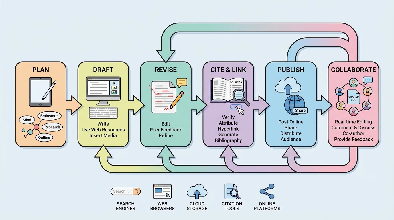 flowchart showing digital writing stages plan, draft, revise, cite, publish, collaborate with arrows connecting each step