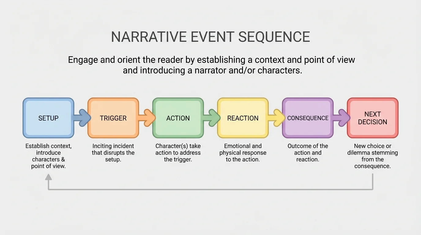 Flowchart of a narrative event sequence with boxes labeled setup, trigger, action, reaction, consequence, and next decision