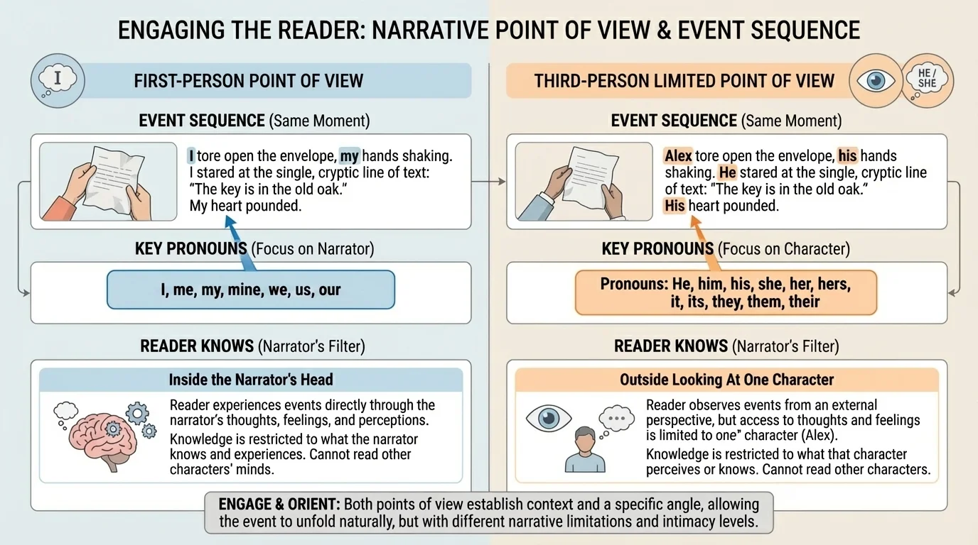 Side-by-side comparison chart showing the same moment written in first person and third person limited, with notes on pronouns and what the reader knows
