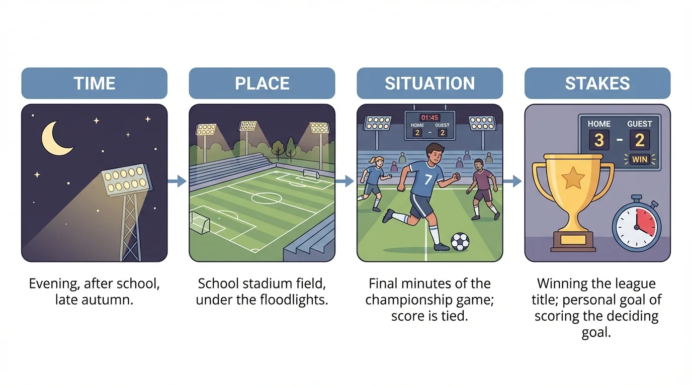 Four-part narrative context organizer with boxes labeled time, place, situation, and stakes, filled with a sample story about a student at a night soccer game