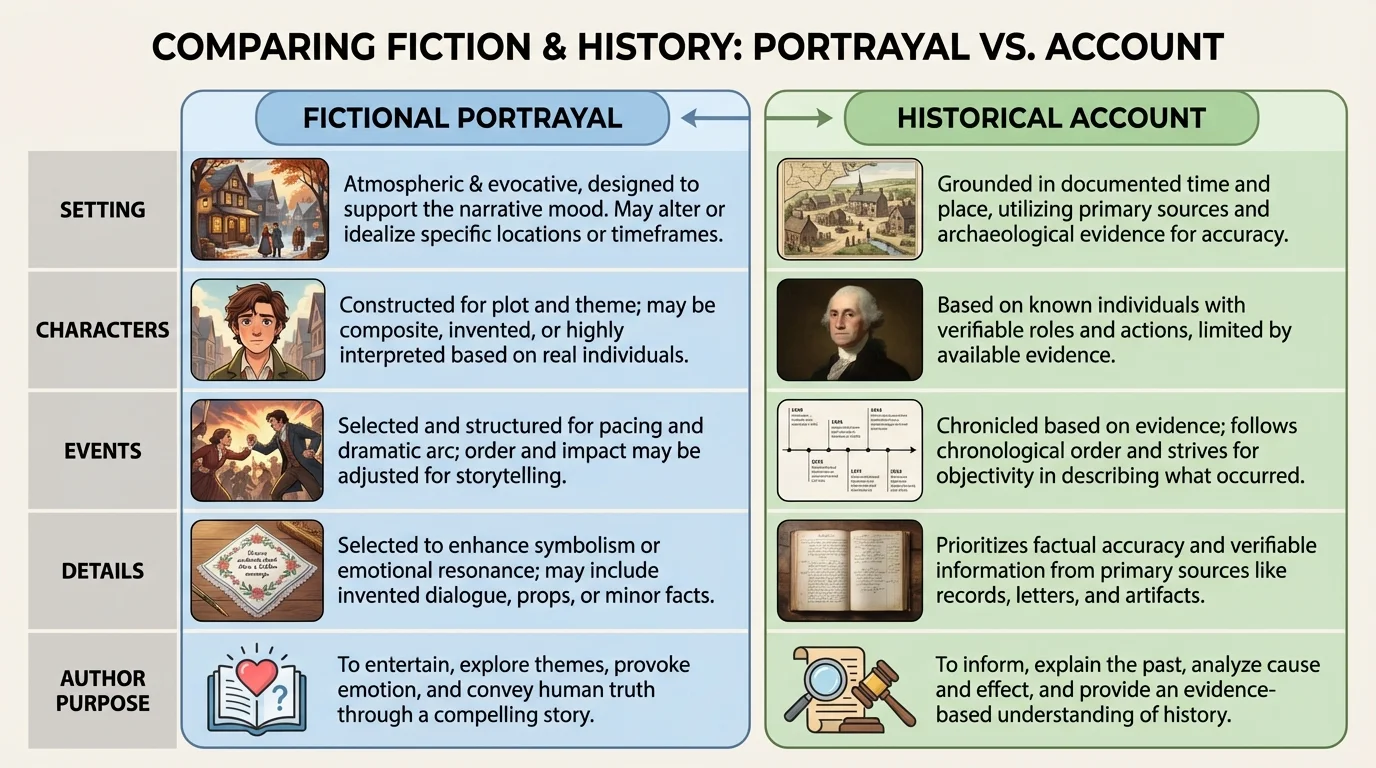 chart showing two columns labeled fictional portrayal and historical account, with rows for setting, characters, events, details, and author purpose