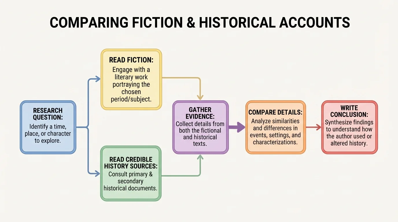flowchart showing steps: research question, read fiction, read credible history sources, gather evidence, compare details, write conclusion