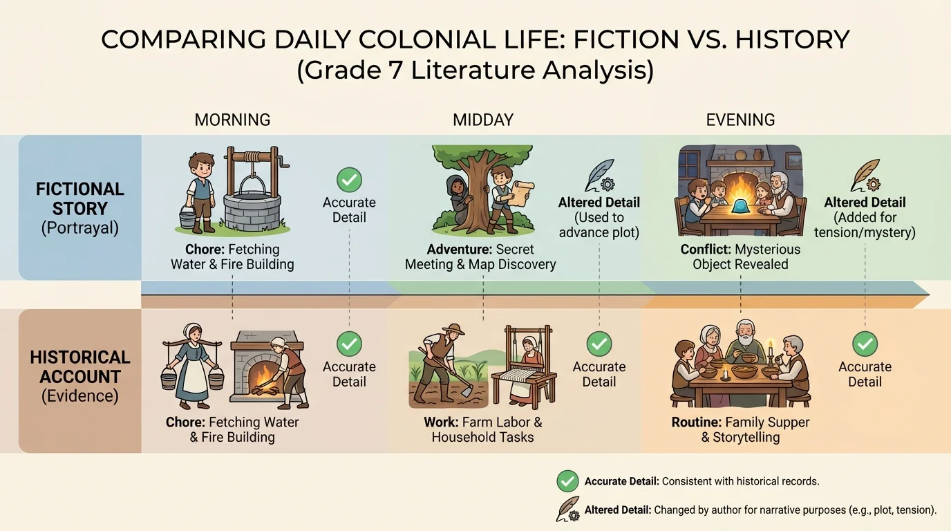 short timeline comparing daily colonial life events in a fictional story and in a historical account, highlighting accurate and altered details