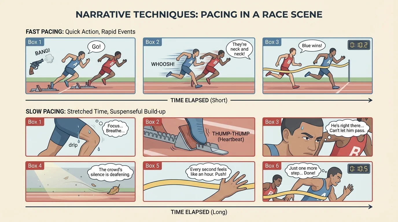 Comparison of the same race scene told with fast pacing in three quick boxes versus slow pacing in six detailed boxes showing stretched time and suspense