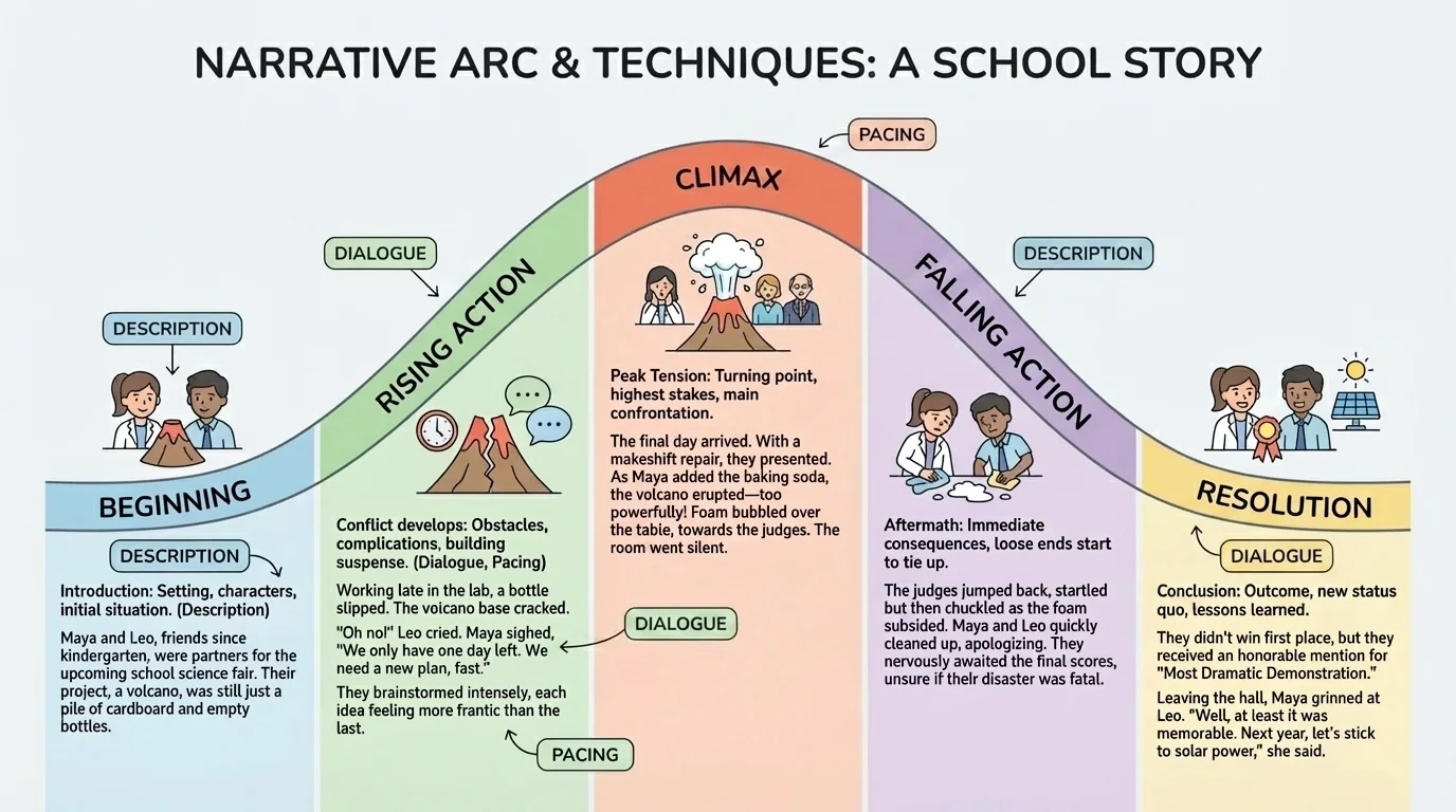 Simple narrative arc labeled beginning, rising action, climax, falling action, and resolution with a sample school-event story mapped onto the arc