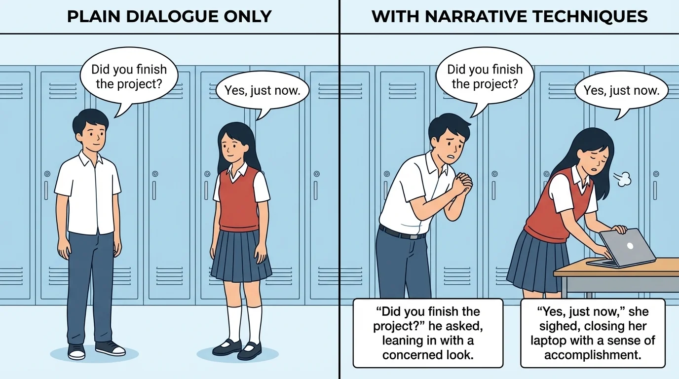 Two-panel comparison of a short conversation between students, left panel plain dialogue only, right panel with dialogue tags and action beats showing emotion and movement