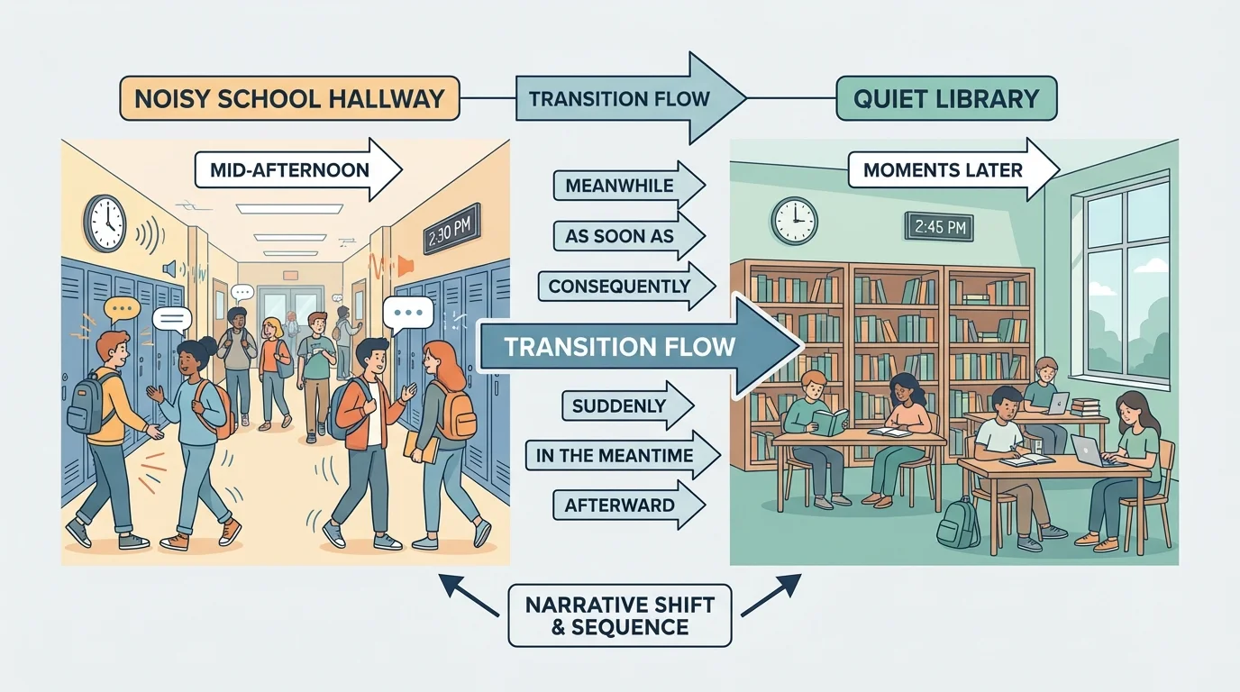 Illustration of a narrative shift from a noisy school hallway to a quiet library, with labels showing transition phrases that signal the move