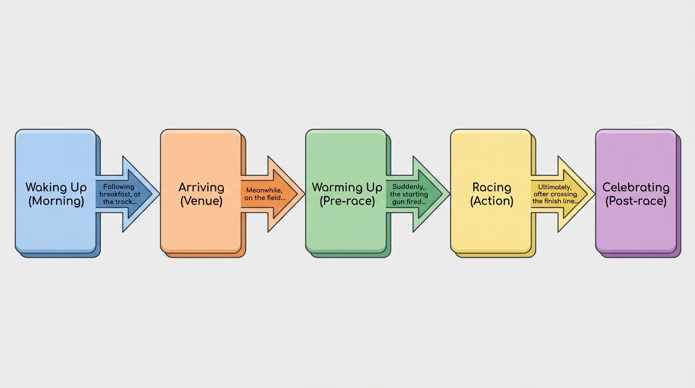 Flowchart of a student race-day narrative with boxes labeled waking up, arriving, warming up, racing, and celebrating, connected by transition phrases