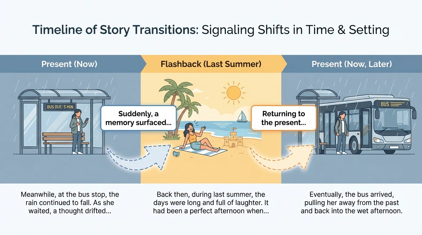 Timeline showing a story moving from present at a bus stop to a flashback of last summer and then back to the present