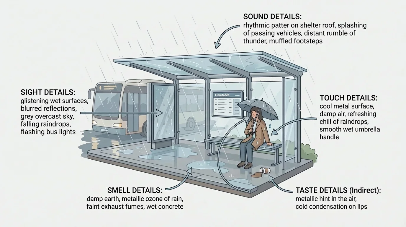 diagram of a rainy bus stop with labels for sight, sound, smell, touch, and taste details
