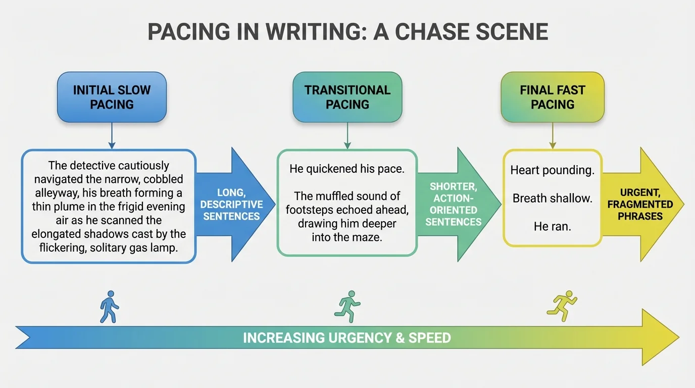 flowchart showing slow-to-fast pacing in a chase scene using longer descriptive sentences then short urgent ones