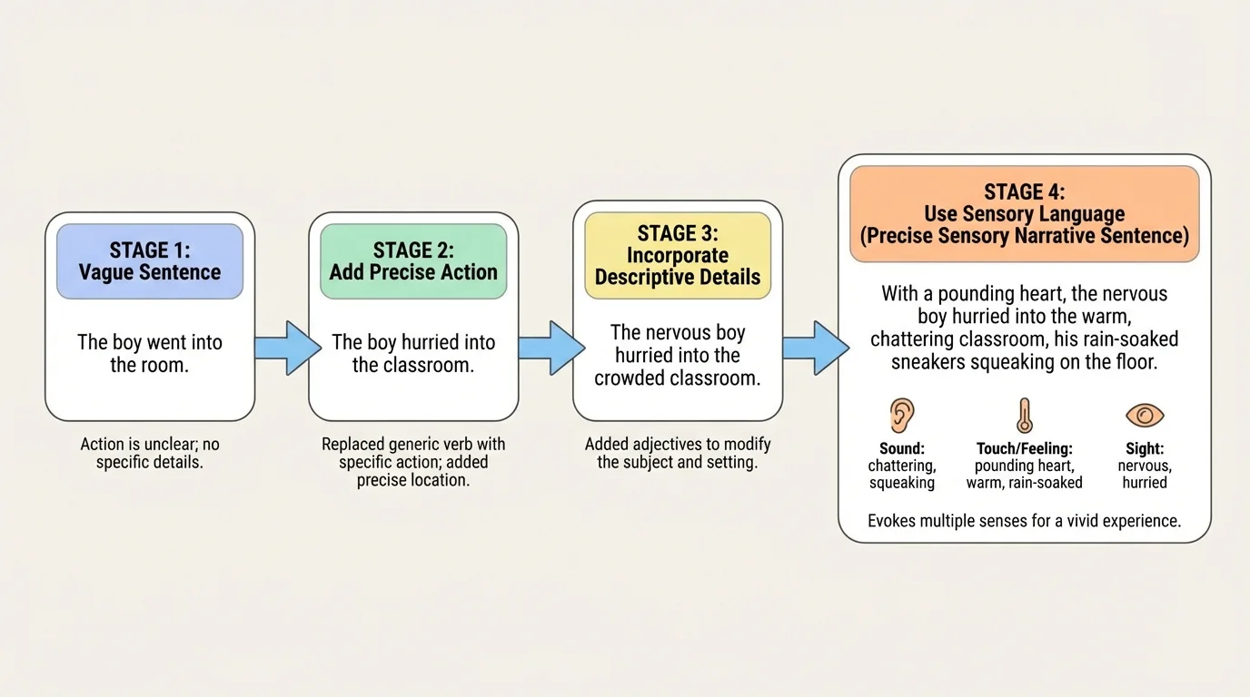 flowchart showing revision stages from vague sentence to precise sensory narrative sentence