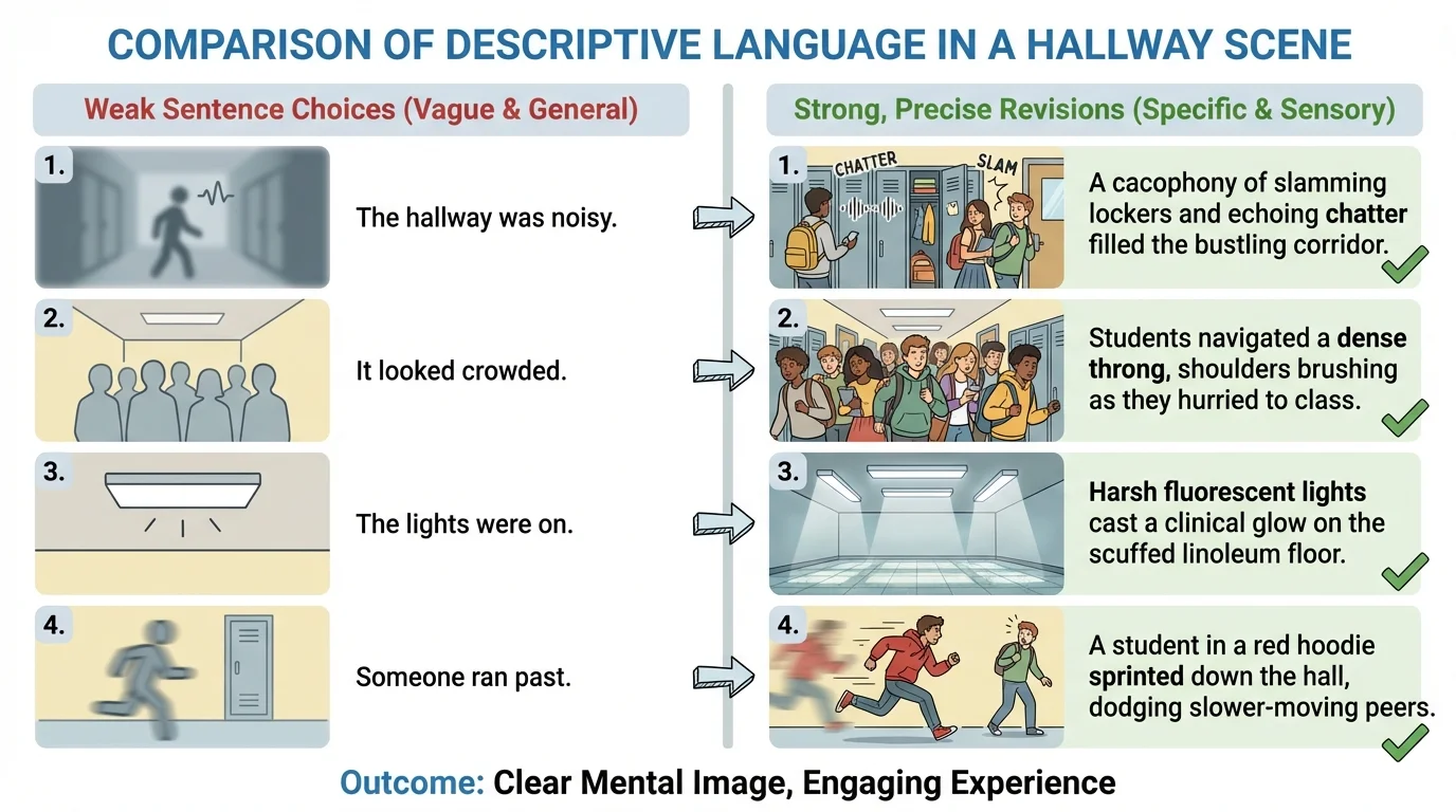 chart comparing weak sentence choices with stronger precise revisions about a hallway scene