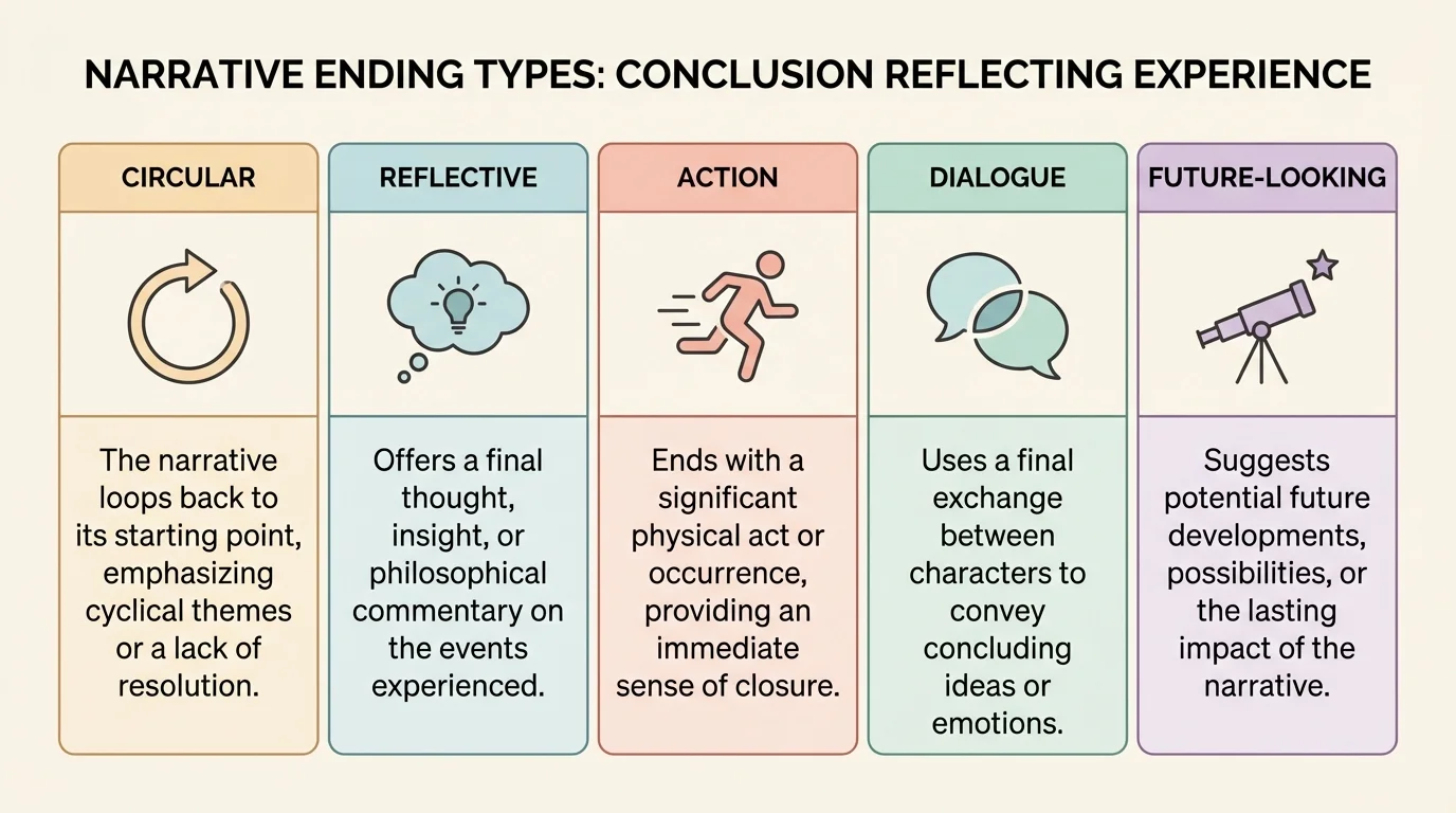 comparison chart with five narrative ending types—circular, reflective, action, dialogue, and future-looking—each with a short description