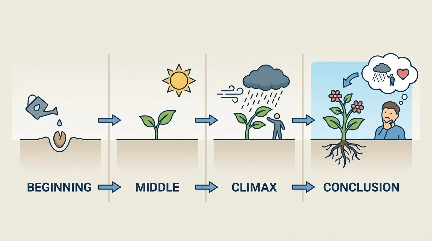 narrative sequence from beginning to middle to climax leading to a conclusion that shows consequence, feeling, and reflection