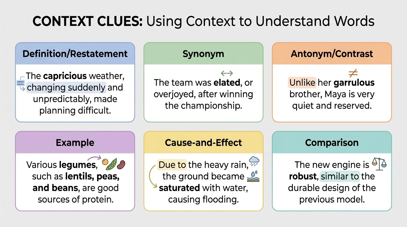 Organizer showing six boxes labeled Definition/Restatement, Synonym, Antonym/Contrast, Example, Cause-and-Effect, Comparison, each with a very short sample sentence using a bold unknown word and context hints.