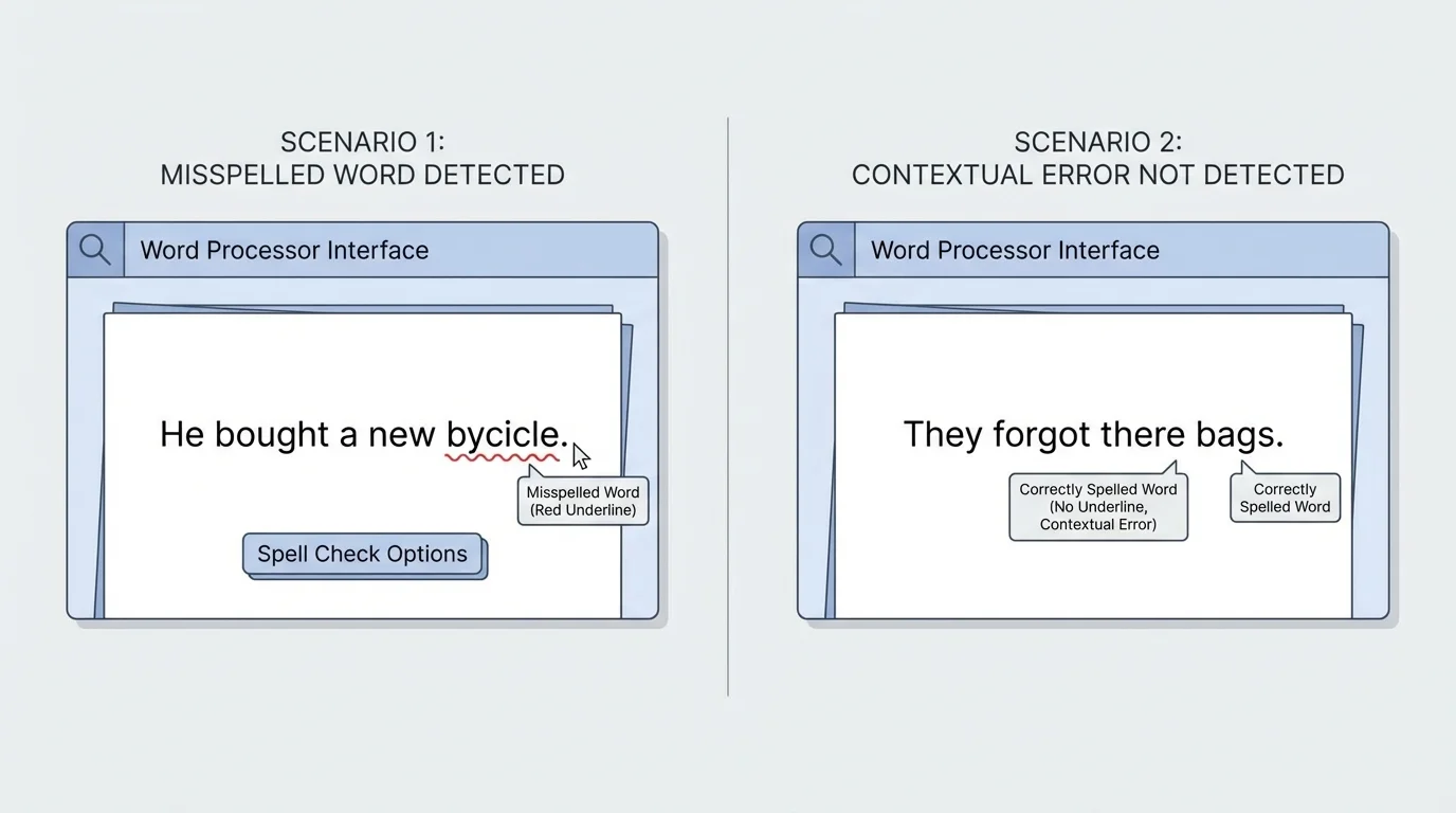 Split-screen comparison of a word processor underlining a misspelled word and failing to mark a correctly spelled but incorrect word like there versus their