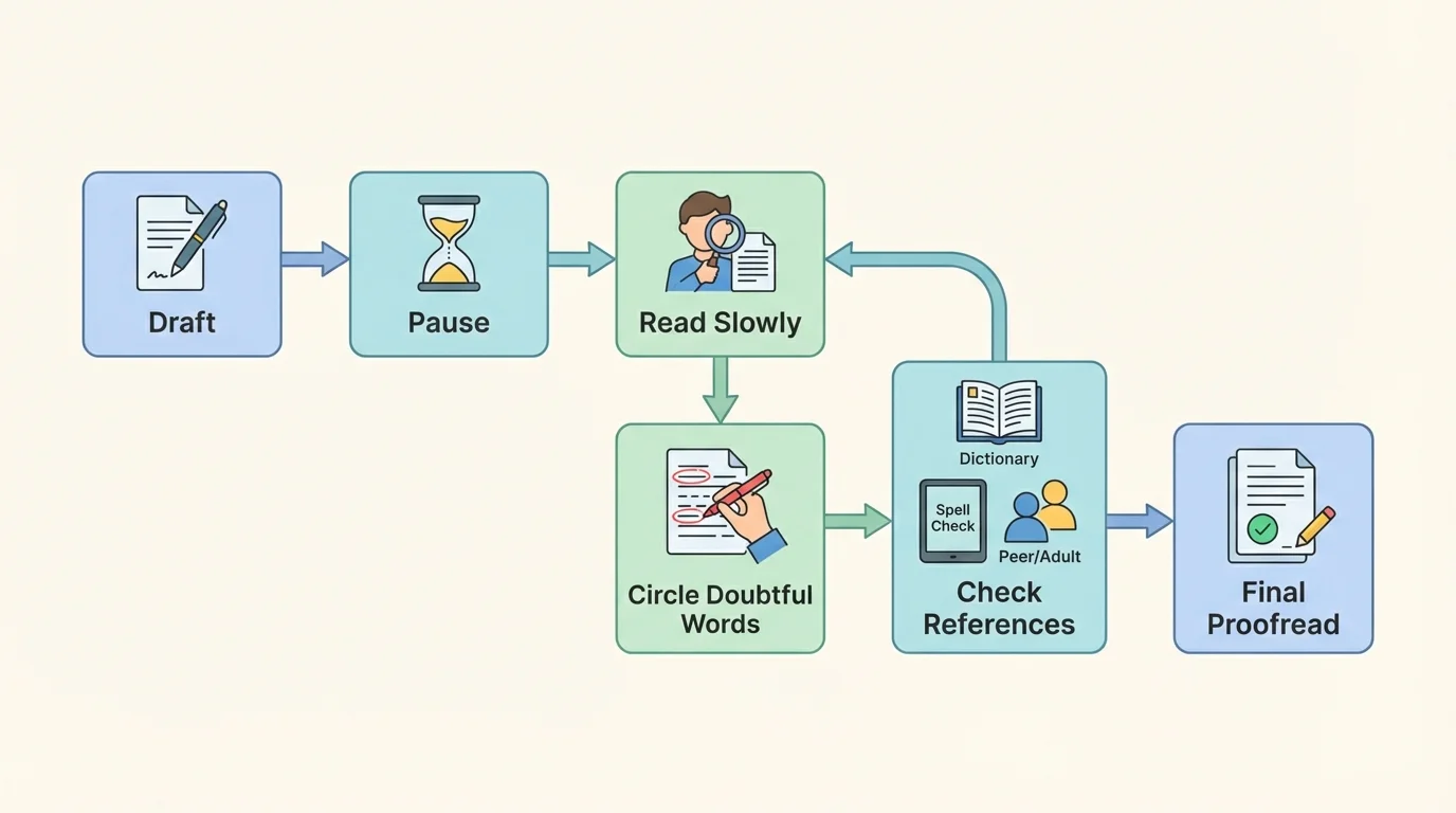 Simple proofreading flowchart with steps draft, pause, read slowly, circle doubtful words, check references, and final proofread