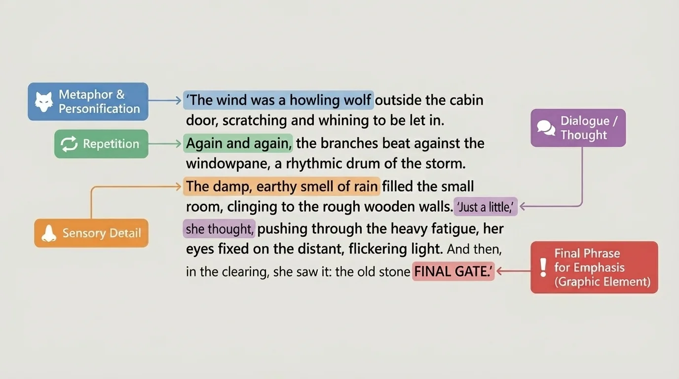 short narrative excerpt with color-coded labels marking metaphor or personification, repetition, dialogue or thought, sensory detail, and a strategically placed final phrase for emphasis