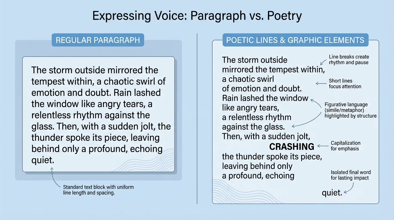 side-by-side comparison of the same short passage shown as one regular paragraph and as short poetic lines, with one key word in capitals and one final word isolated for emphasis