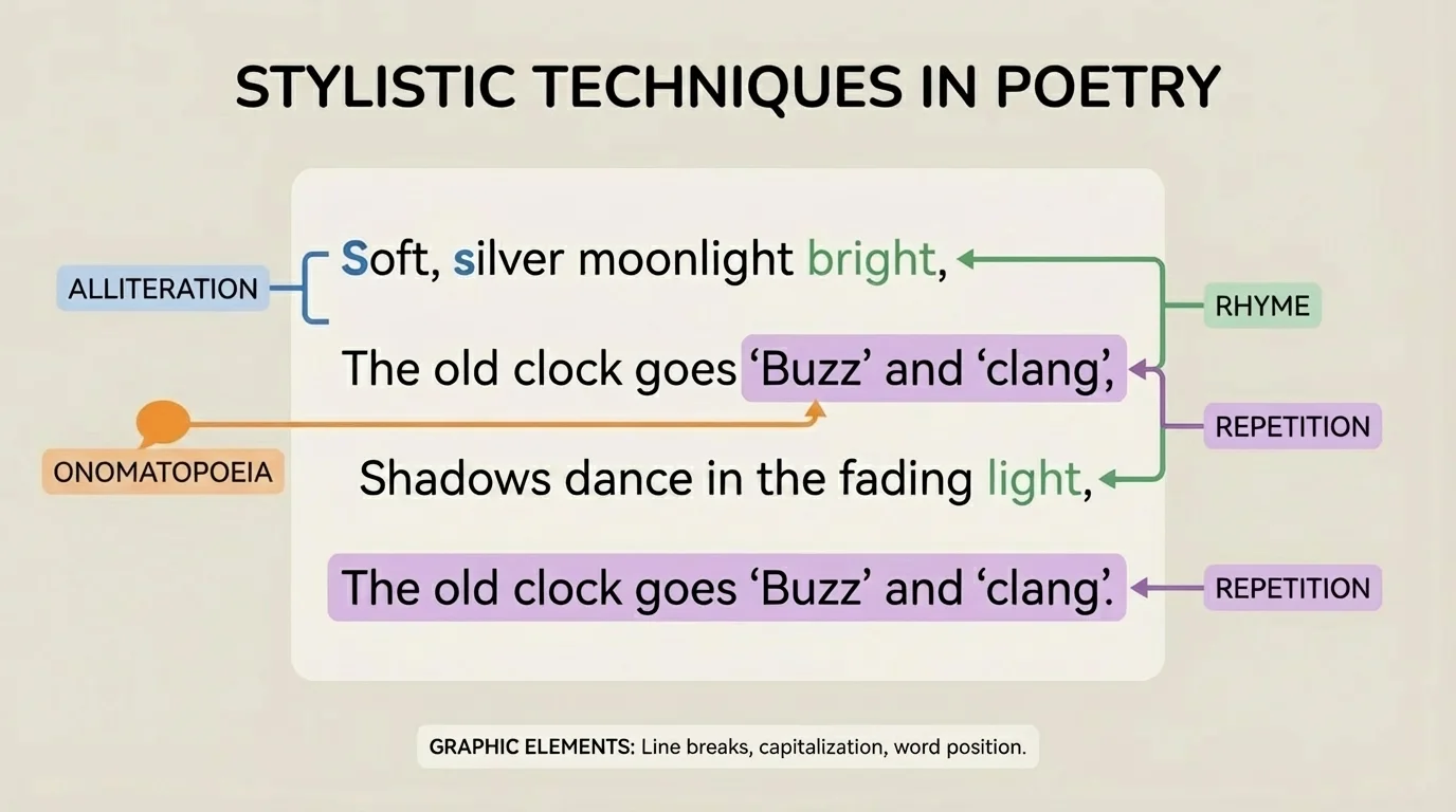 annotated short poem with labels showing alliteration in repeated beginning sounds, onomatopoeia words like buzz and clang, rhyme words at line ends, and a repeated phrase highlighted