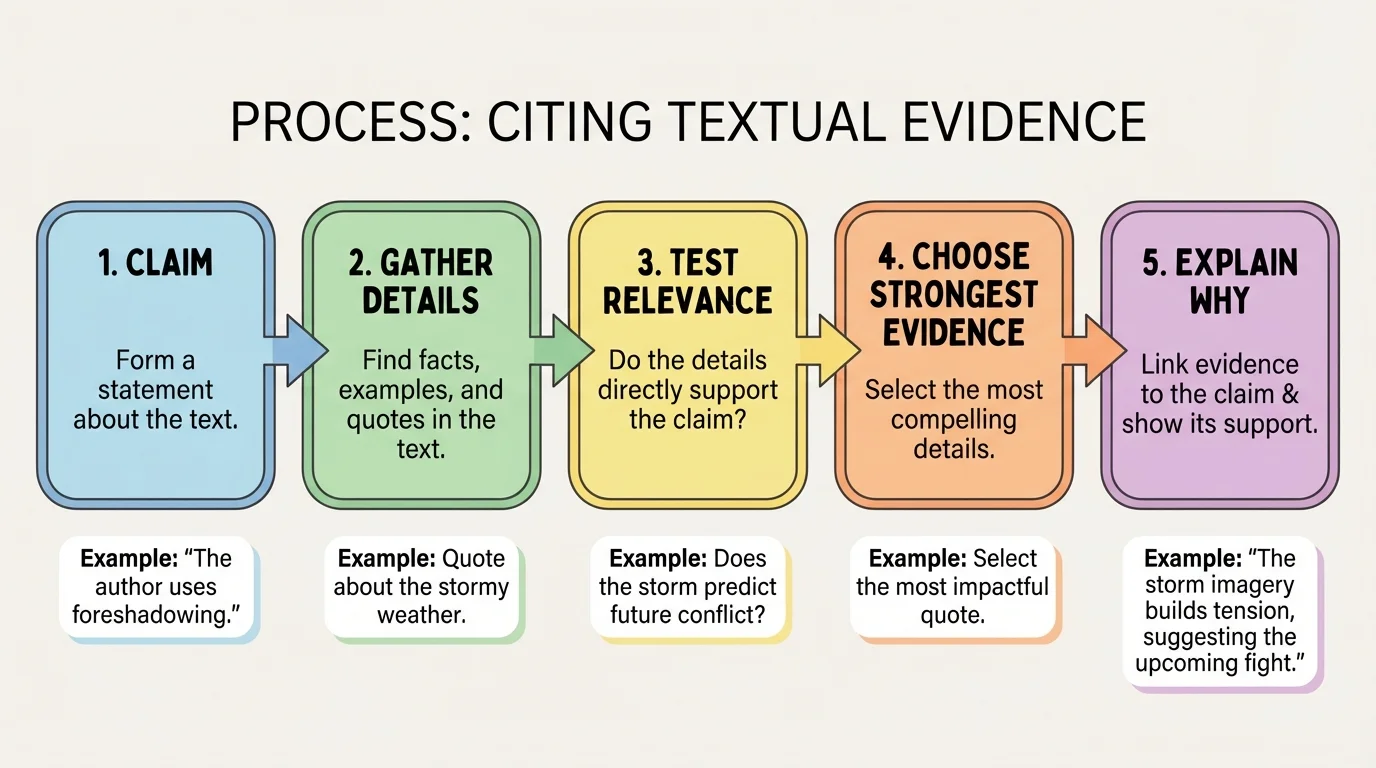 flowchart showing claim, gather details, test relevance, choose strongest evidence, explain why