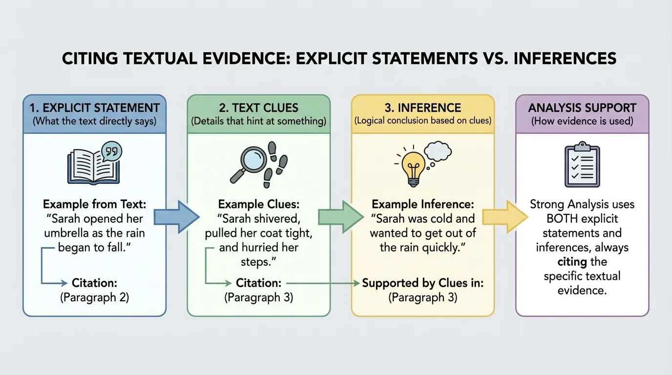 chart comparing explicit statement, text clues, and inference from a short story scene with concise labels