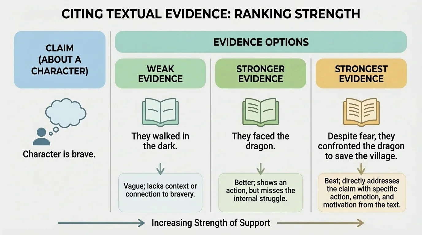 comparison chart with one claim about a character and three evidence options ranked weak, stronger, strongest