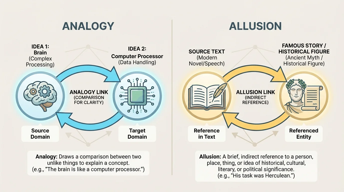 diagram showing analogy linking two ideas and allusion linking a text to a famous story or historical figure