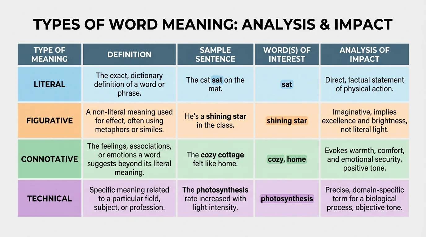 chart comparing literal, figurative, connotative, and technical meanings with sample sentences
