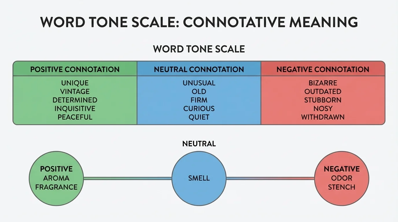 word tone scale comparing neutral, positive, and negative connotations of similar descriptive words