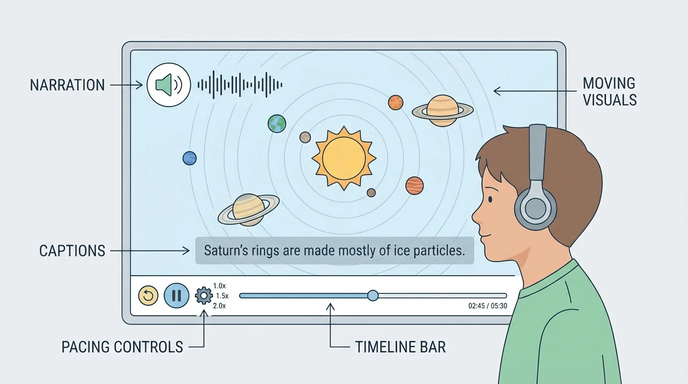 student watching an educational video screen with labels for narration, moving visuals, captions, timeline bar, and pacing controls