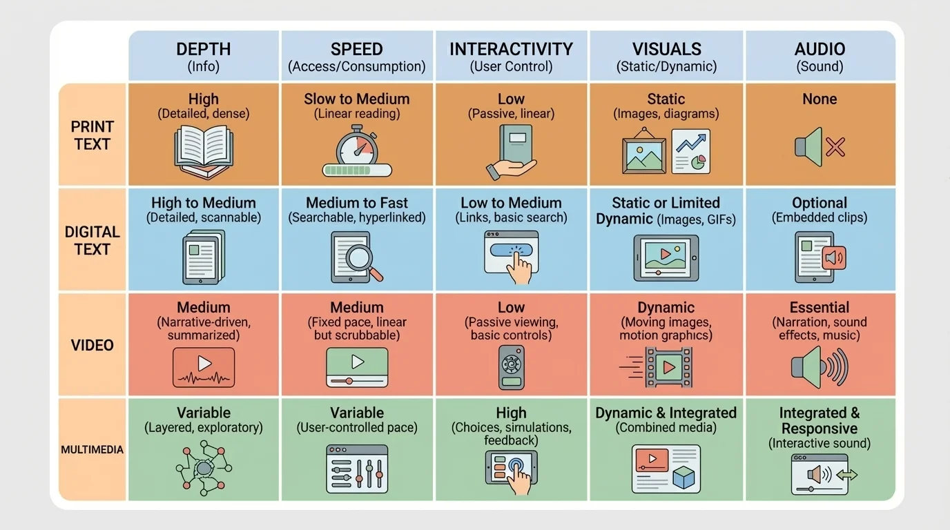 comparison chart showing print text, digital text, video, and multimedia with concise labels for depth, speed, interactivity, visuals, and audio
