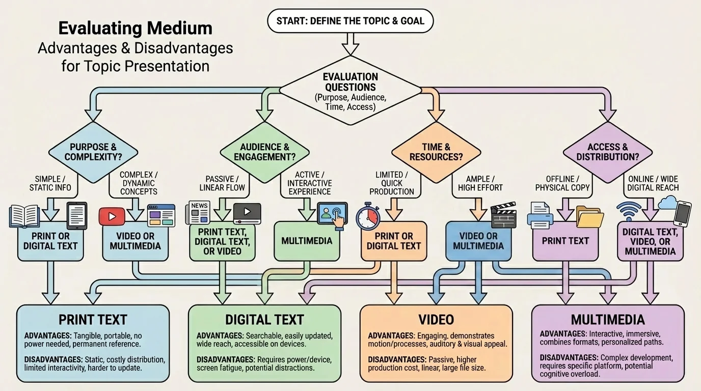 medium-selection flowchart with questions about purpose, audience, time, and access leading to print, digital, video, or multimedia