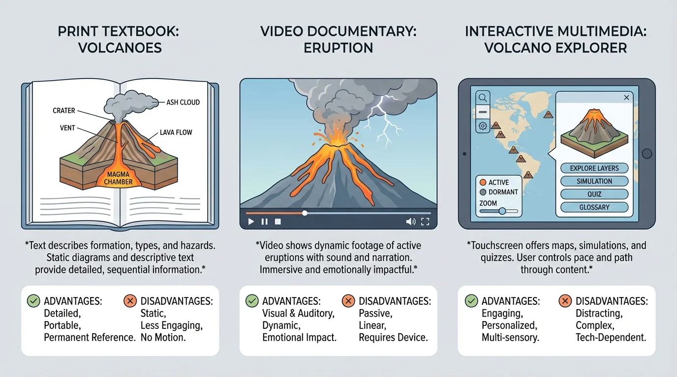 one topic presented three ways—textbook page about volcanoes, documentary screen with erupting volcano, and interactive touchscreen with map and buttons