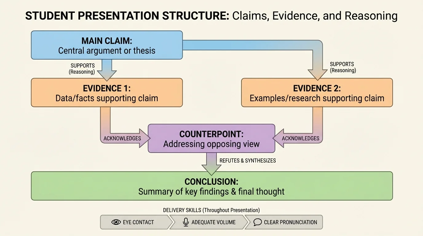 flowchart of a student presentation with boxes labeled main claim, evidence 1, evidence 2, counterpoint, and conclusion connected by arrows