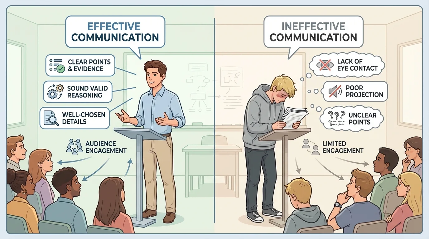 illustration comparing two student speakers, one upright and making eye contact with audience sections, the other slouched and reading down from notes
