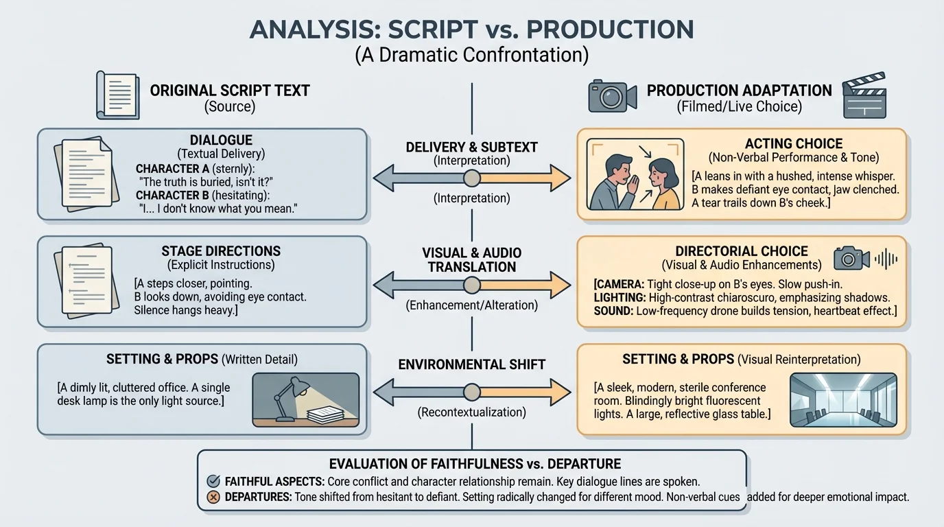 comparison chart of a dramatic confrontation scene showing text details on one side and production changes on the other