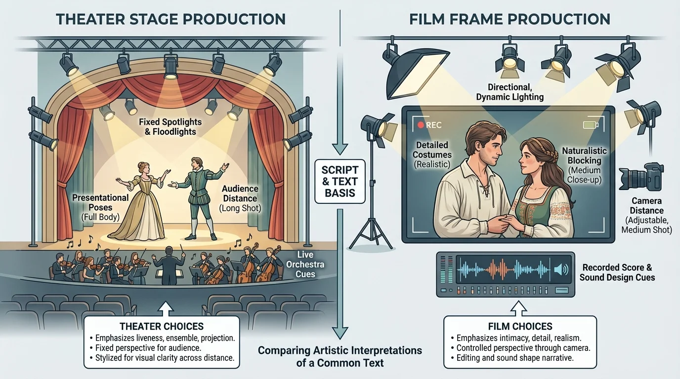 theater stage and film frame comparison showing lighting, costume, actor position, camera distance, and music cues