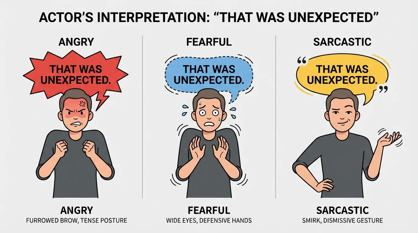 three-panel illustration of the same actor speaking one line with angry, fearful, and sarcastic expressions and body language