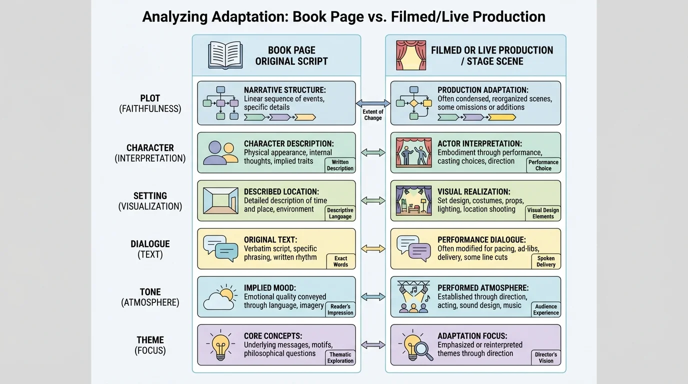 chart comparing faithfulness in plot, character, setting, dialogue, tone, and theme between a book page and a stage scene