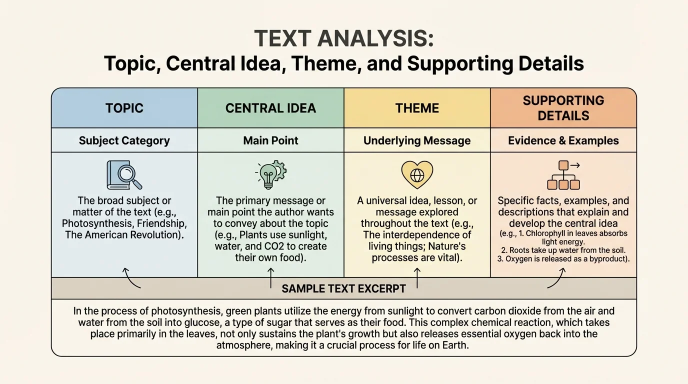comparison chart showing a sample text with columns for topic, central idea, theme, and supporting details