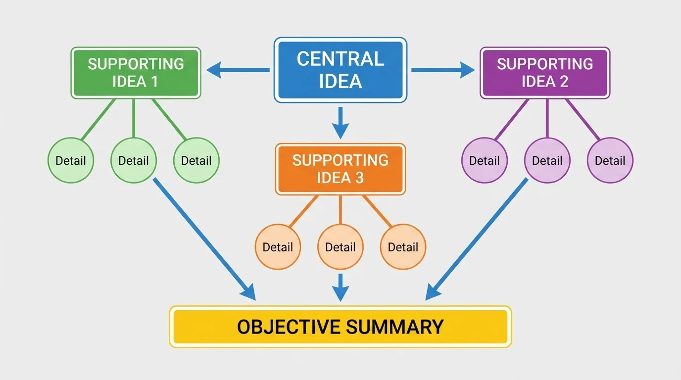 central idea in the center with branches to three supporting ideas and smaller detail bubbles connected to each branch
