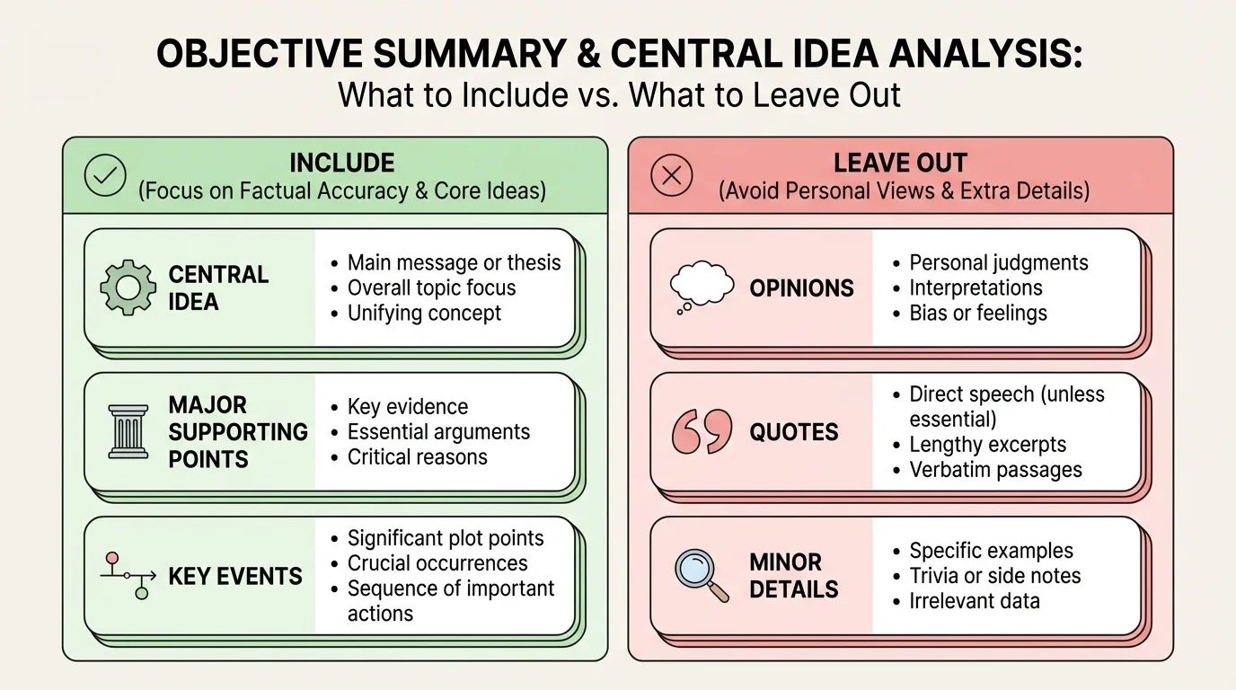 two-column chart labeled include and leave out, listing central idea, major supporting points, key events versus opinions, quotes, and minor details