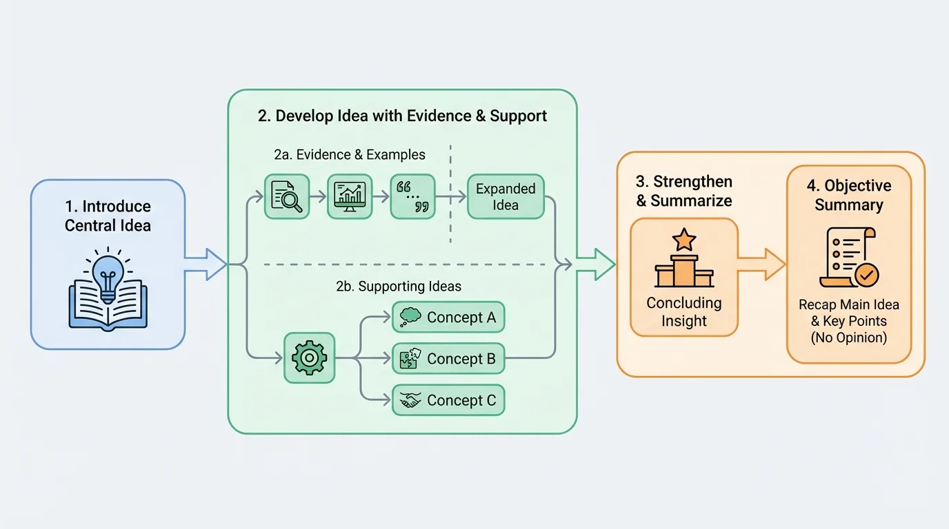 beginning-middle-end flowchart showing a central idea introduced, expanded with evidence, and strengthened by a concluding insight