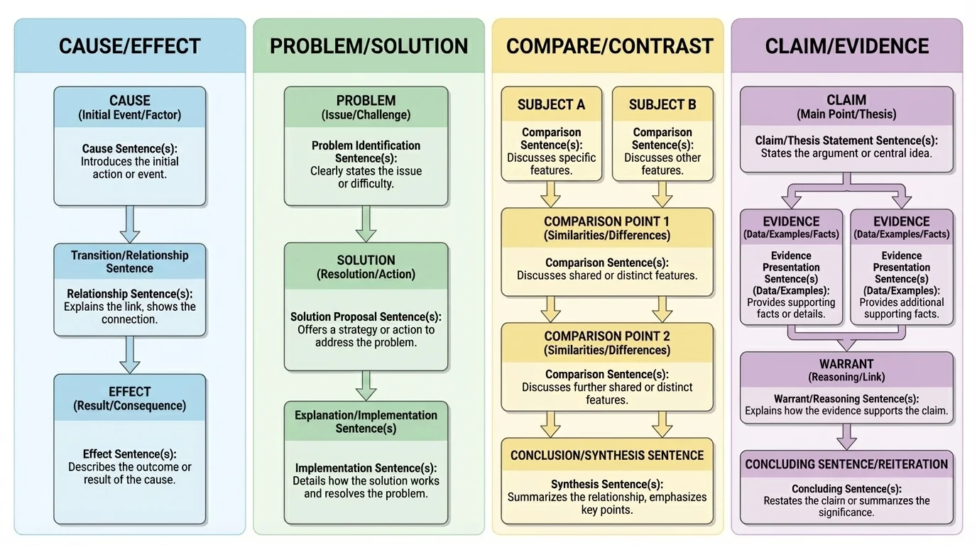 Comparison chart showing cause/effect, problem/solution, compare/contrast, and claim/evidence paragraph patterns with typical sentence functions