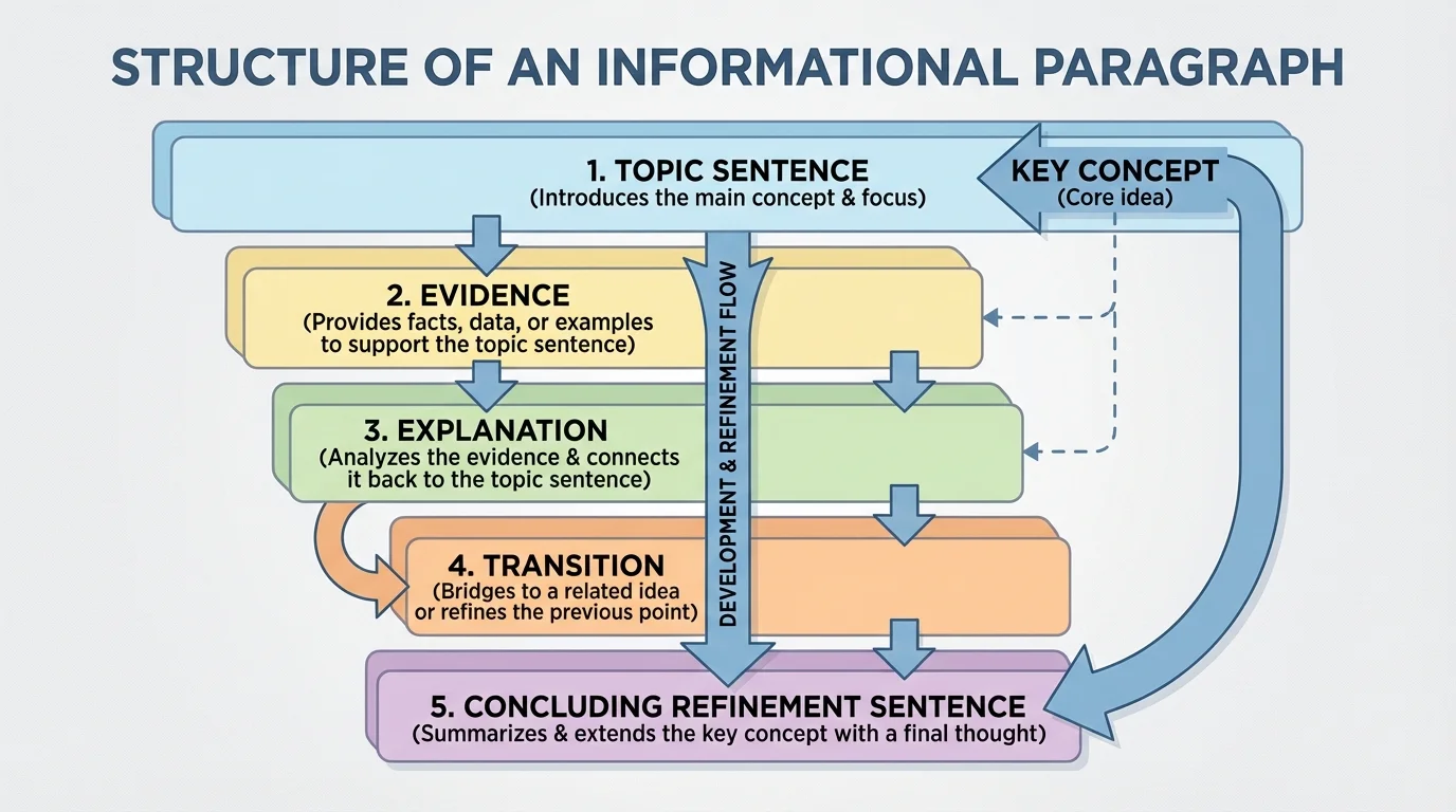 Labeled diagram of an informational paragraph with arrows showing topic sentence, evidence, explanation, transition, and concluding refinement sentence