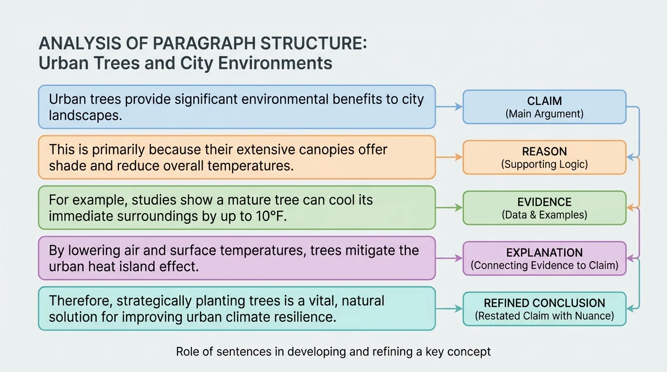 Color-coded sample paragraph about urban trees, with each sentence labeled as claim, reason, evidence, explanation, and refined conclusion