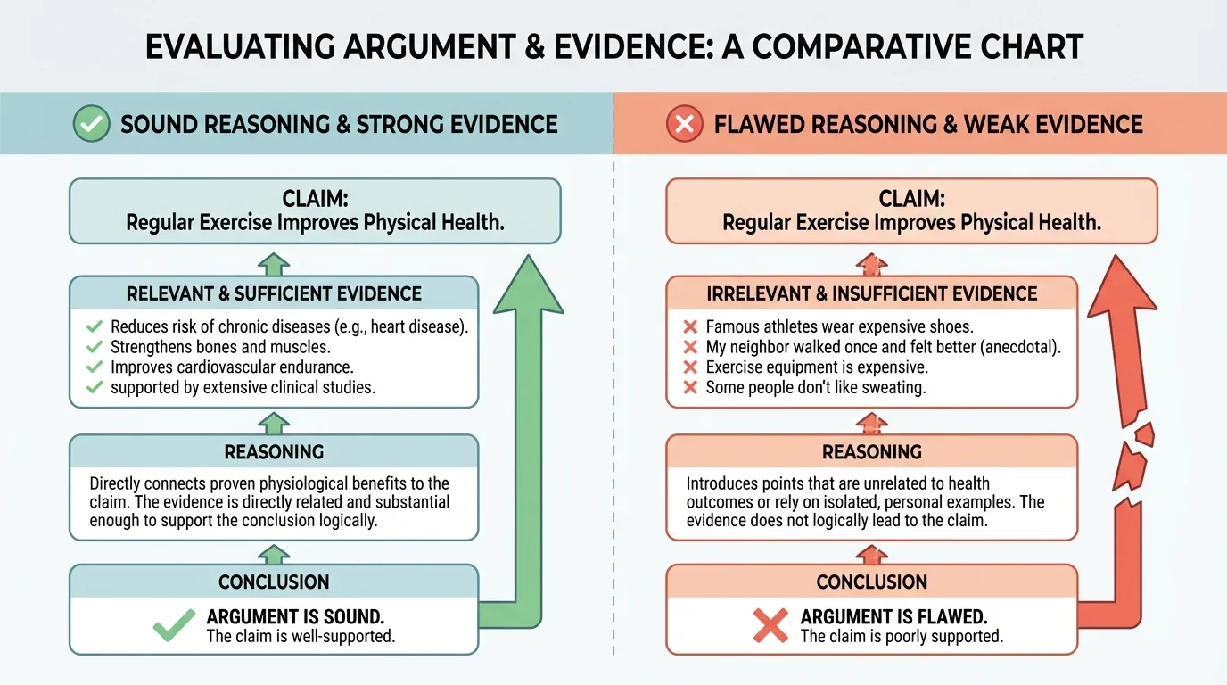Chart comparing relevant and sufficient evidence with weak, irrelevant, and insufficient evidence for the same claim