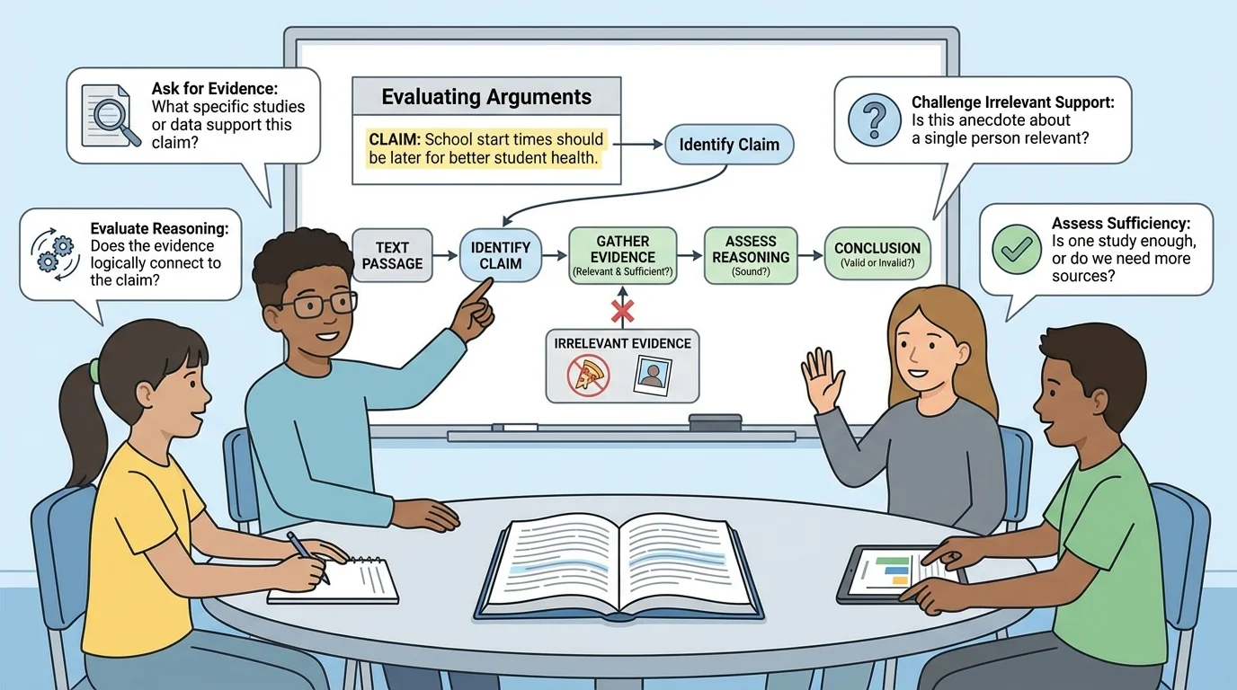 Illustration of a collaborative classroom discussion with students identifying a claim, asking for evidence, and challenging irrelevant support